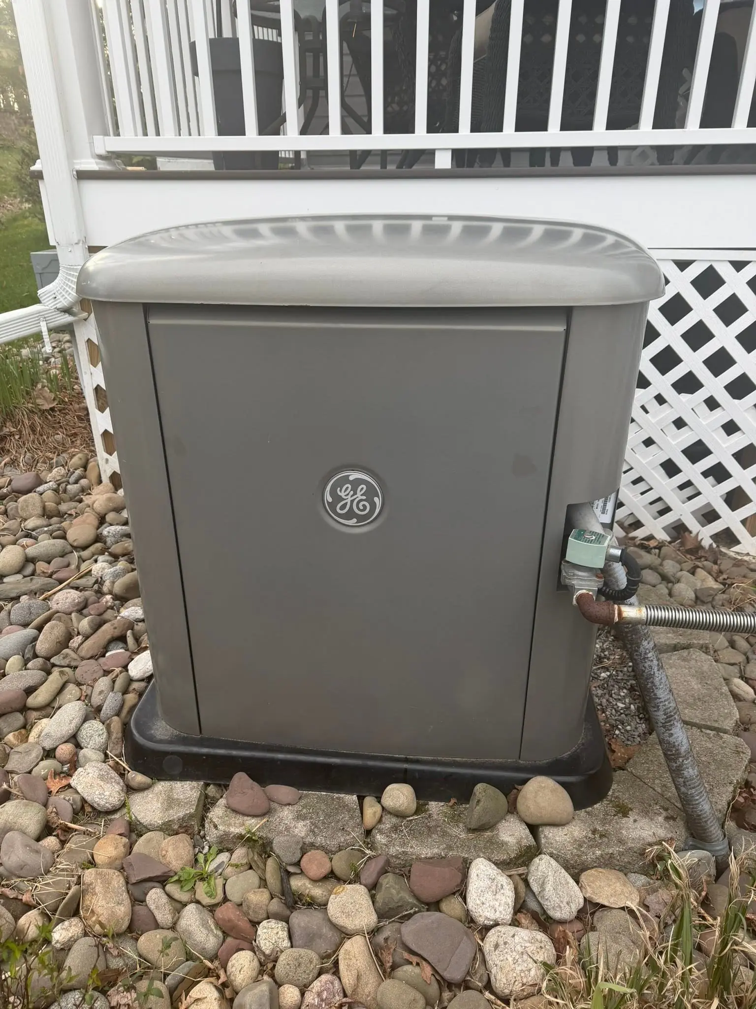 GE standby generator installed beside a home
